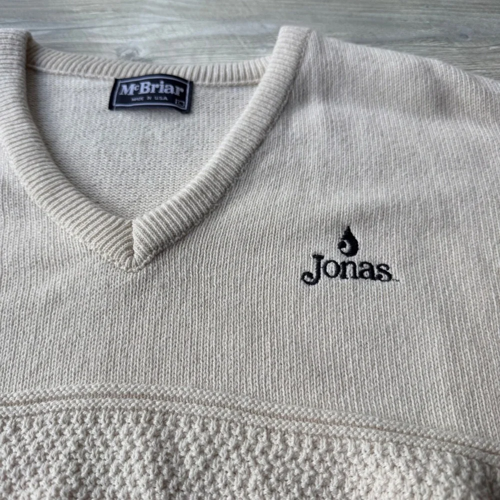 Vintage McBriar Cotton V-Neck Sweater Mens Large Cream Textured Knit USA Made